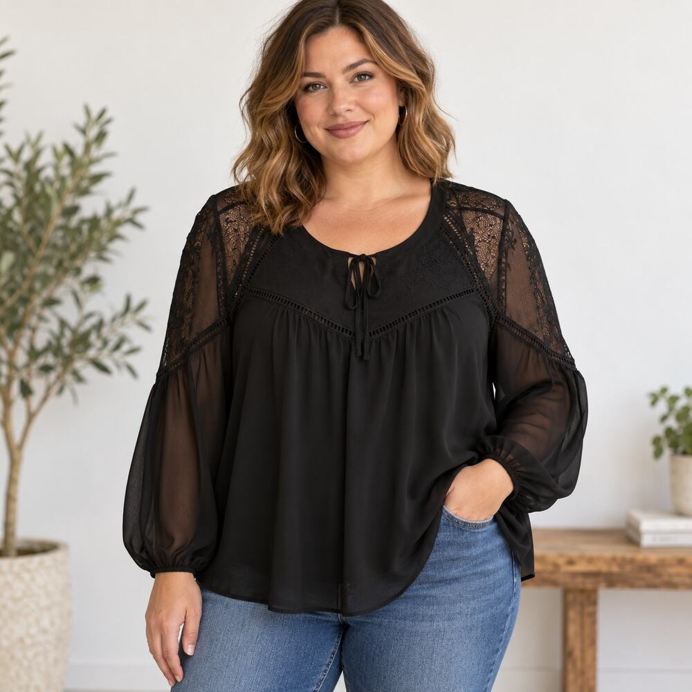 Torrid black long sheer sleeve blouse embroidered 2X